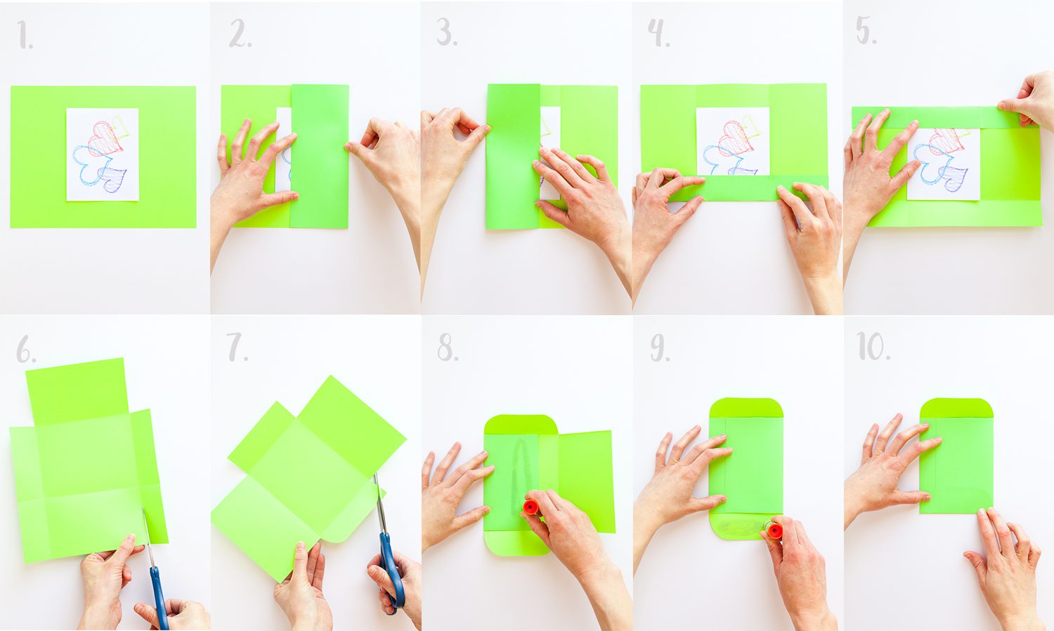Step-by-step making a green handmade pocket envelope.