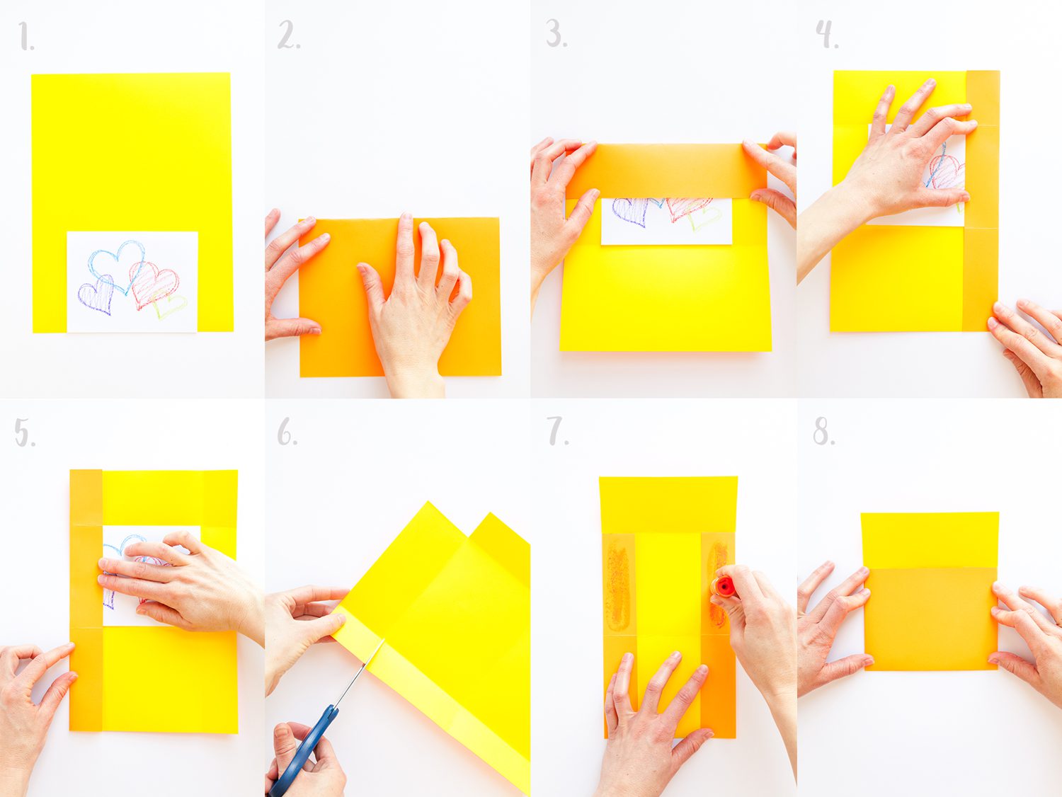 Step-by-step making a yellow handmade square envelope.