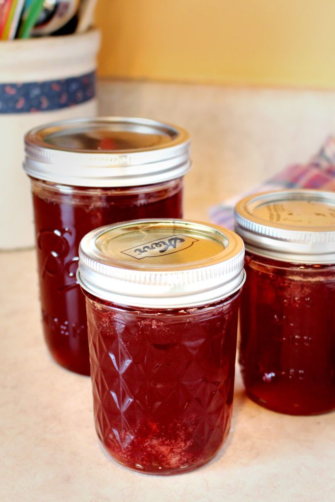 Jars of red fruit jelly.