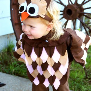 Child wearing a brown and pink felt woodland owl costume.