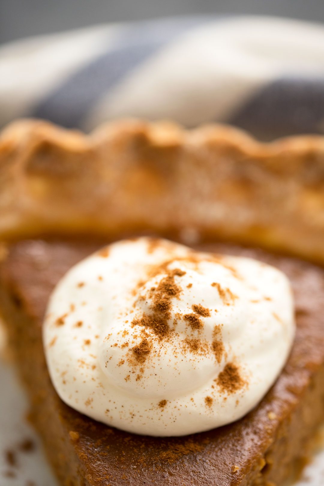 A single serving of pumpkin pie topped with whipped cream and cinnamon.