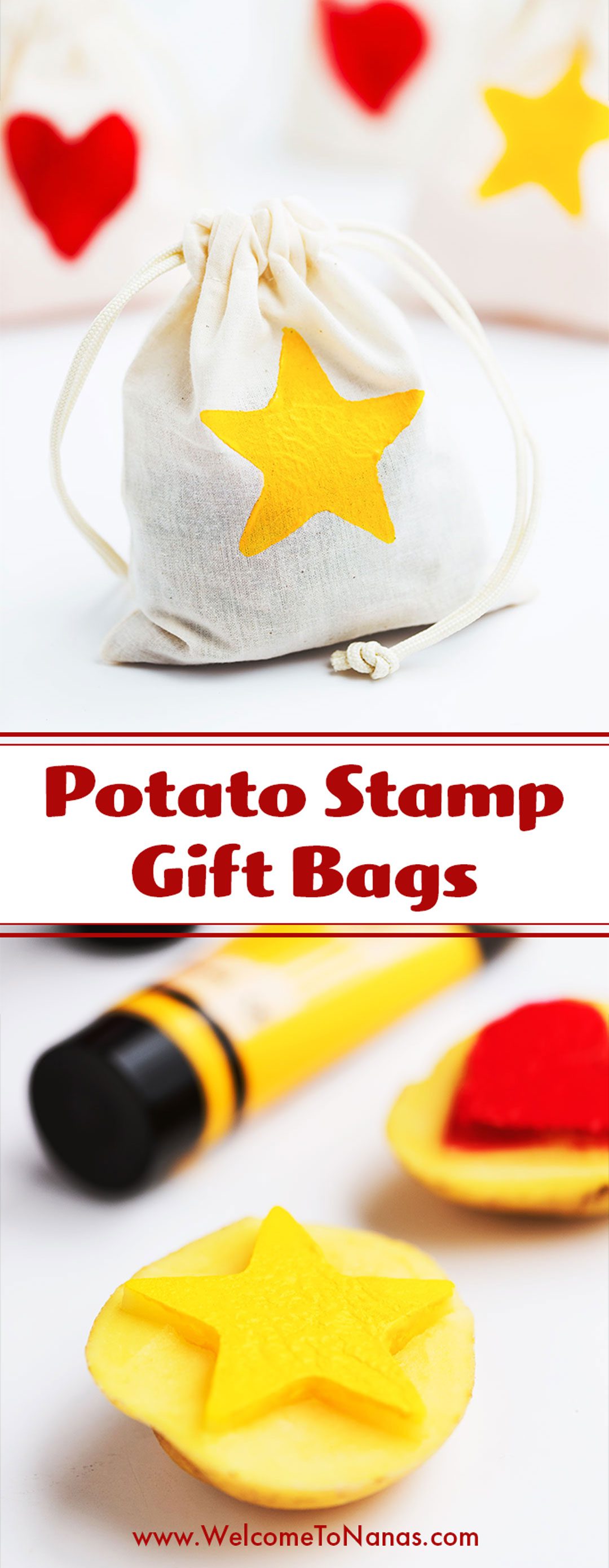 pinterest pin with a drawstring bag stamped with a yellow star, and more potato stamps, red paint tube, and yellow paint tube.