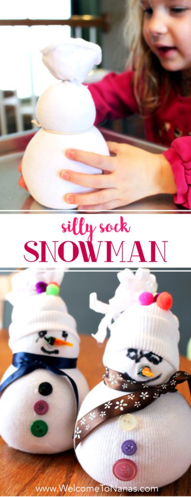 Two sock snowmen with hats, pom poms, ribbons for scarves, buttons, and faces.