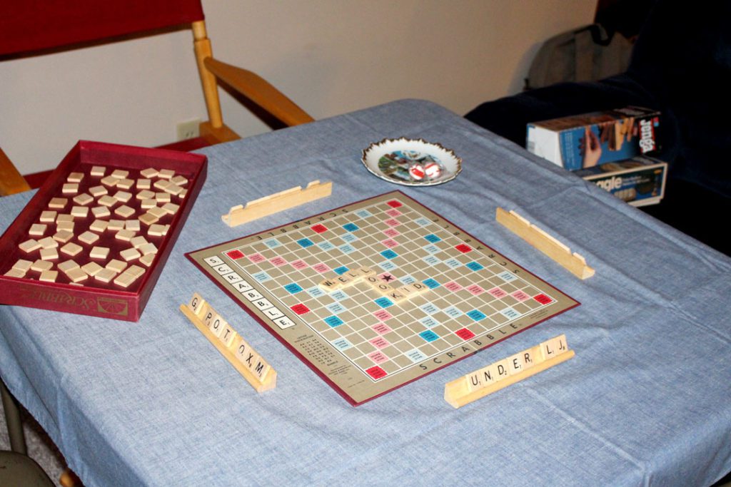A scrabble board set up as a clue for an escape room.