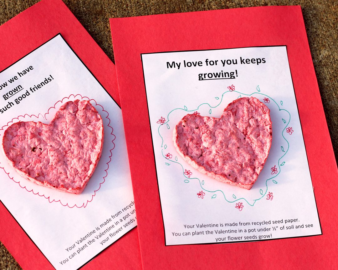 Two pink paper heart valentines on decorated cards.