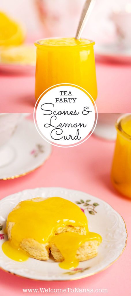 Pinterest pin with lemon curd topping a scone on a decorative plate.
