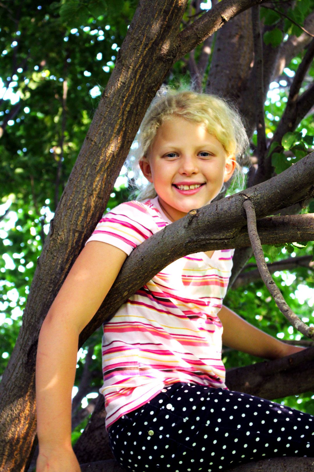 A girl with blonde hair in a striped t-shirt climbing a tree.