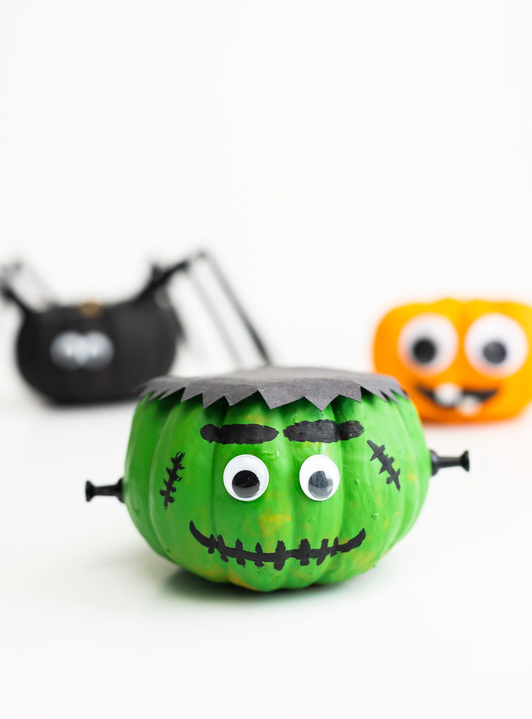 Frankenstein mini pumpkin, silly face pumpkin, spider pumpkin.