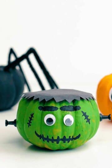 Frankenstein mini pumpkin, silly face pumpkin, spider pumpkin.