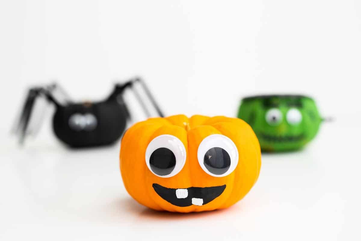 Frankenstein mini pumpkin, silly face pumpkin, spider pumpkin.