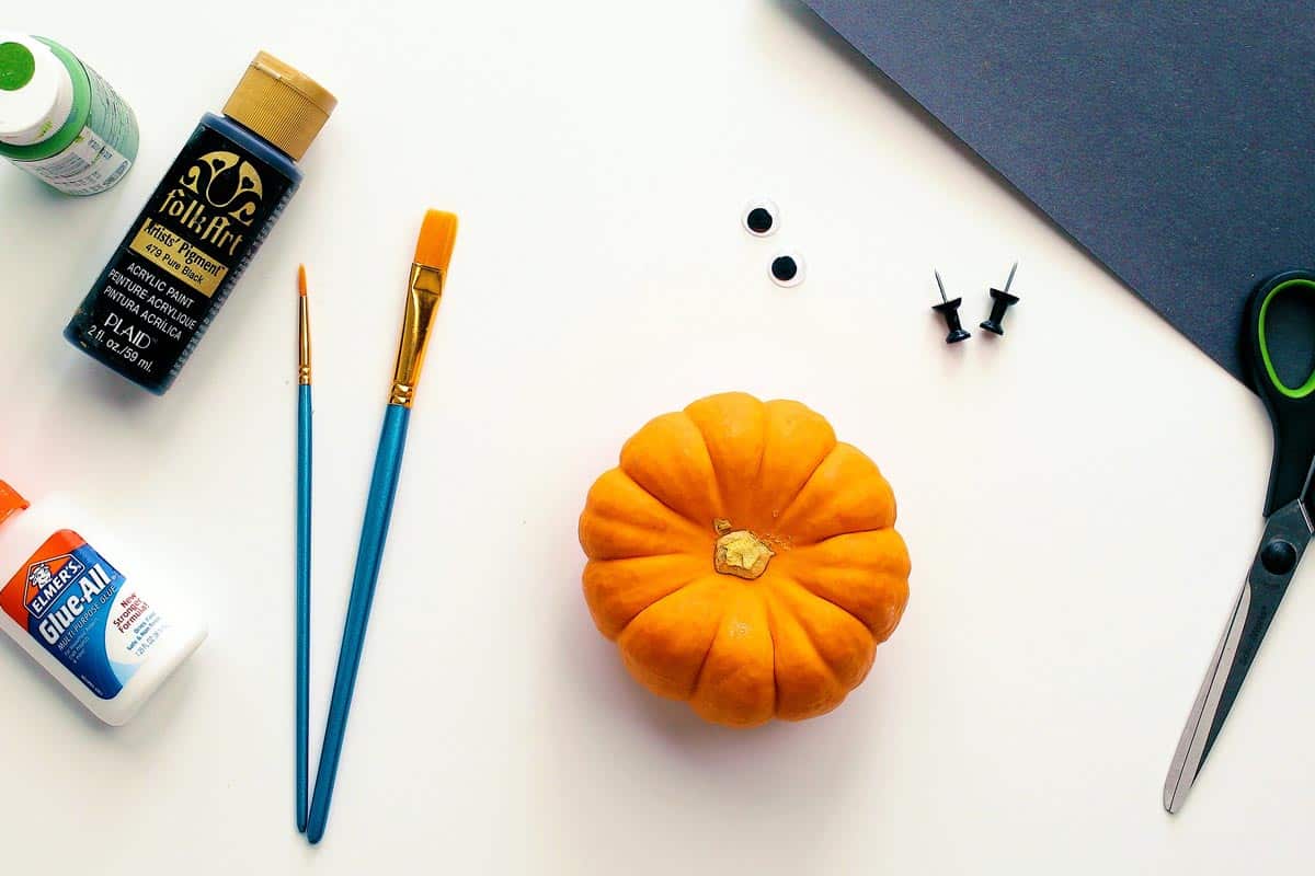 A mini pumpkin, paintbrushes, paint bottles, googly eyes, black construction paper, and push pins.