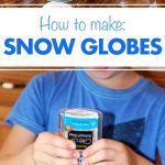 Child adding glue to the mason jar of water, and final completed snow globes.