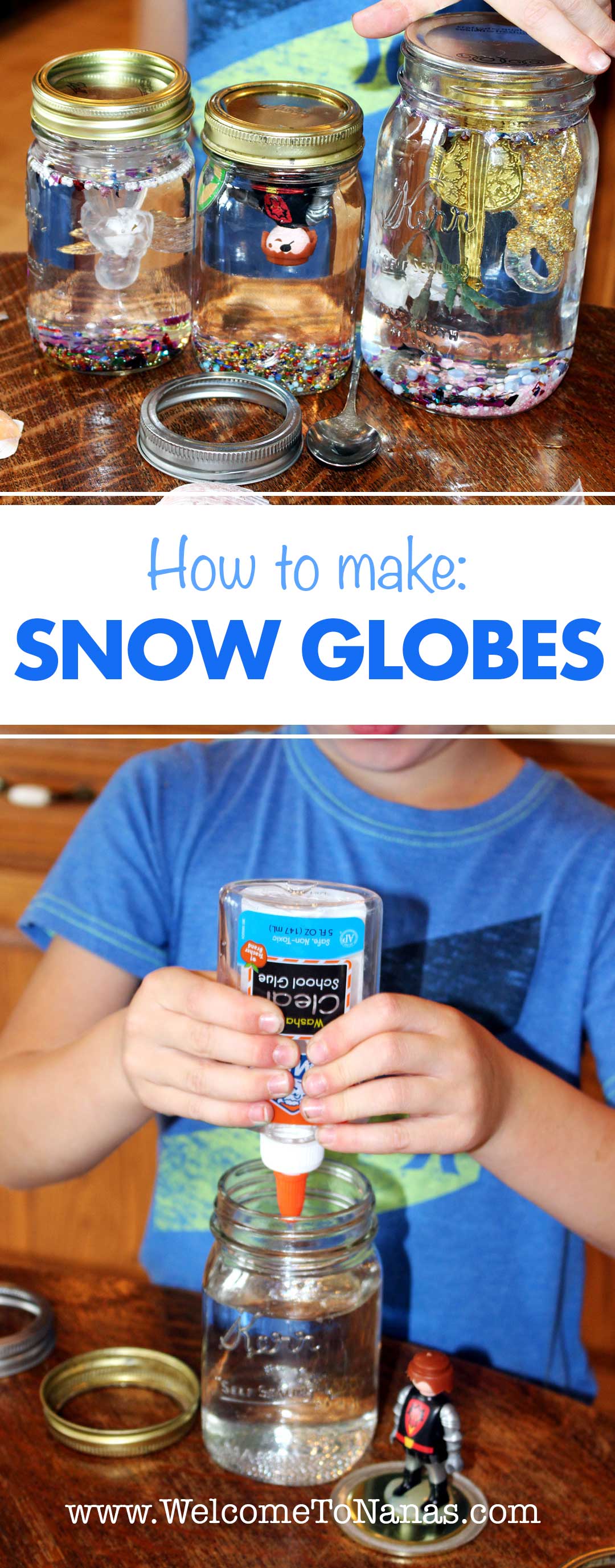 Child adding clear glue to snow globe, and adding lid to finish the snow globe.