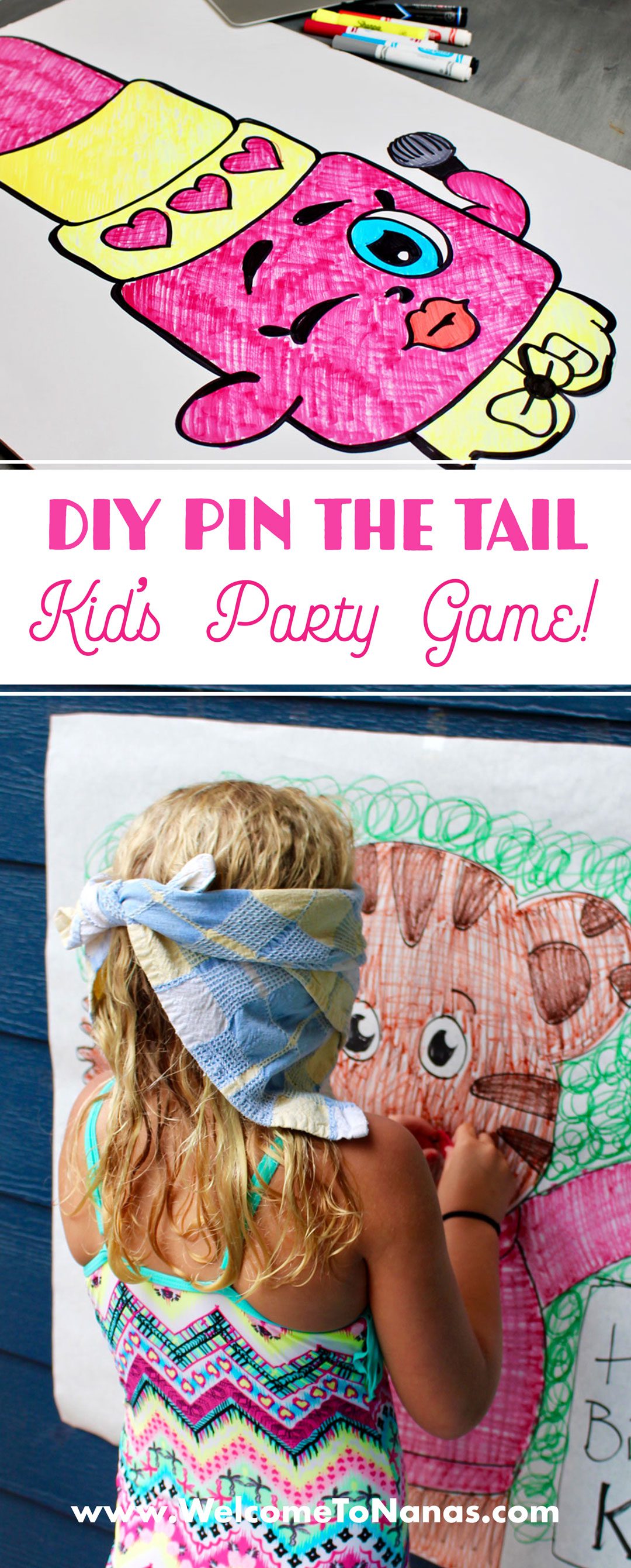 A pinterest image of a cartoon lipstick character and a child blindfolded playing a custom pin the tail game.