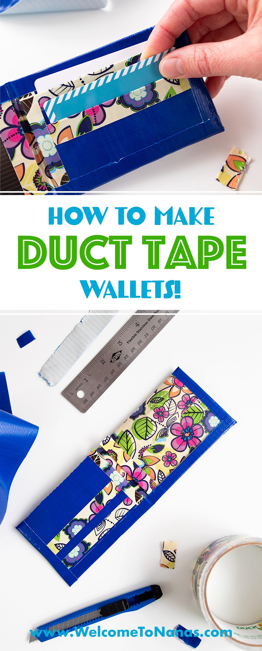 A flower patterned duct tape wallet, utility knife and blue roll of duct tape.