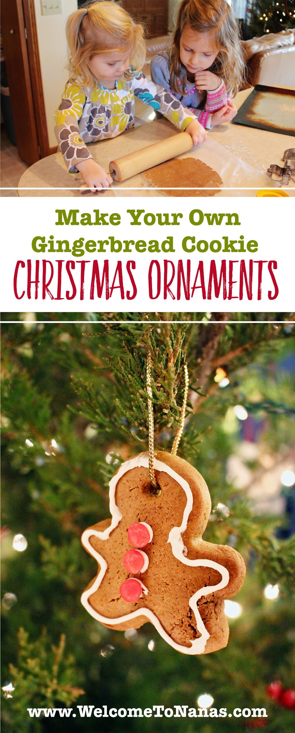 Two girls rolling out some gingerbread cookie dough, and a gingerbread man cookie ornament hanging from a Christmas tree. 