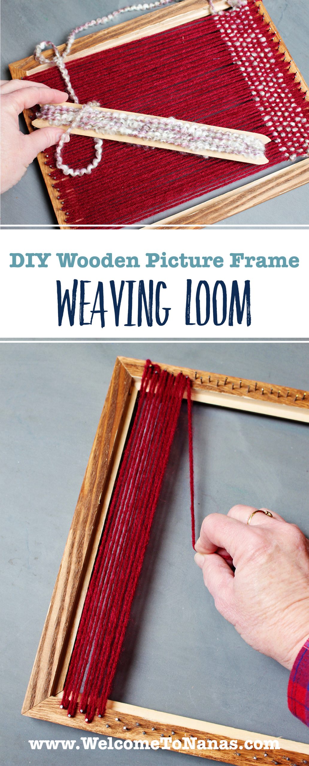 A wooden picture frame loom with warp yarn and a heddle.