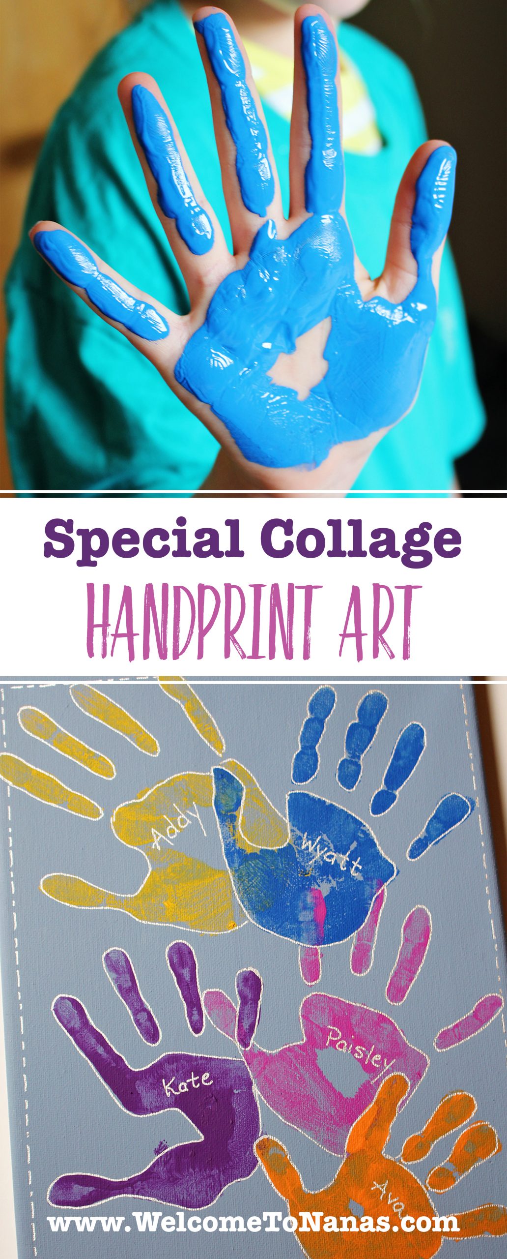 Painted handprints on a canvas, and a child with paint on their hands.