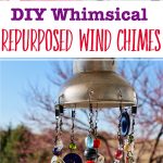 A finished whimsical DIY wind chime hanging outdoors.