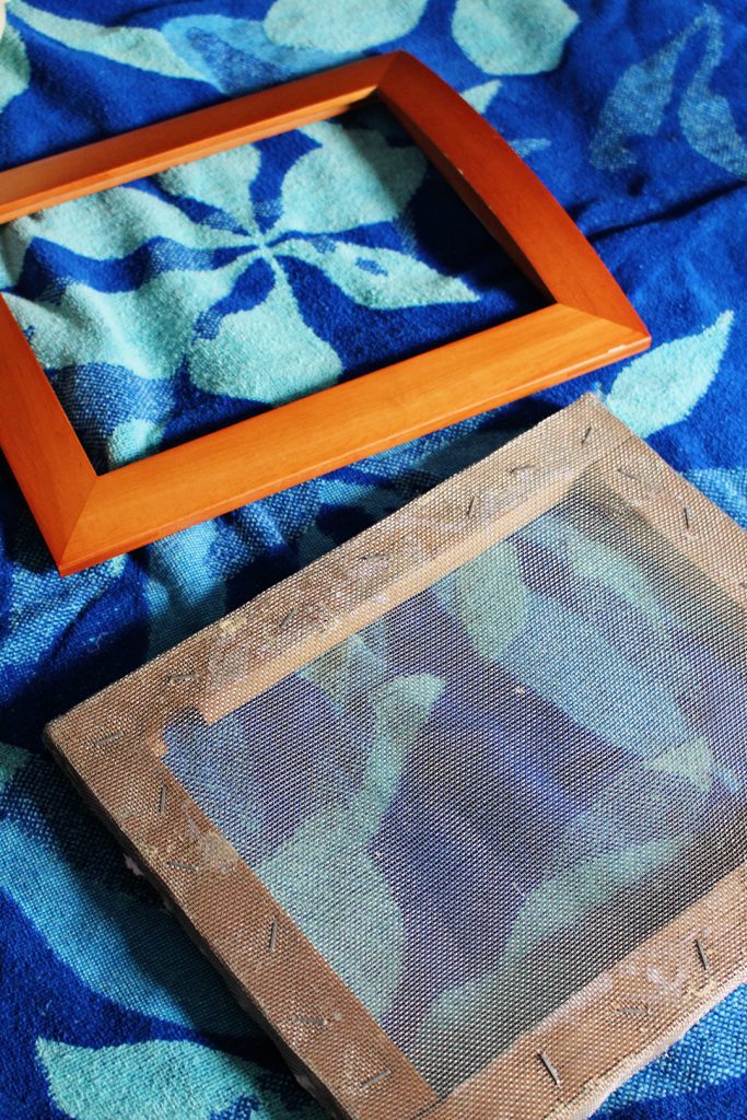 Picture frames with mesh stapled to it as a DIY mould and deckle.
