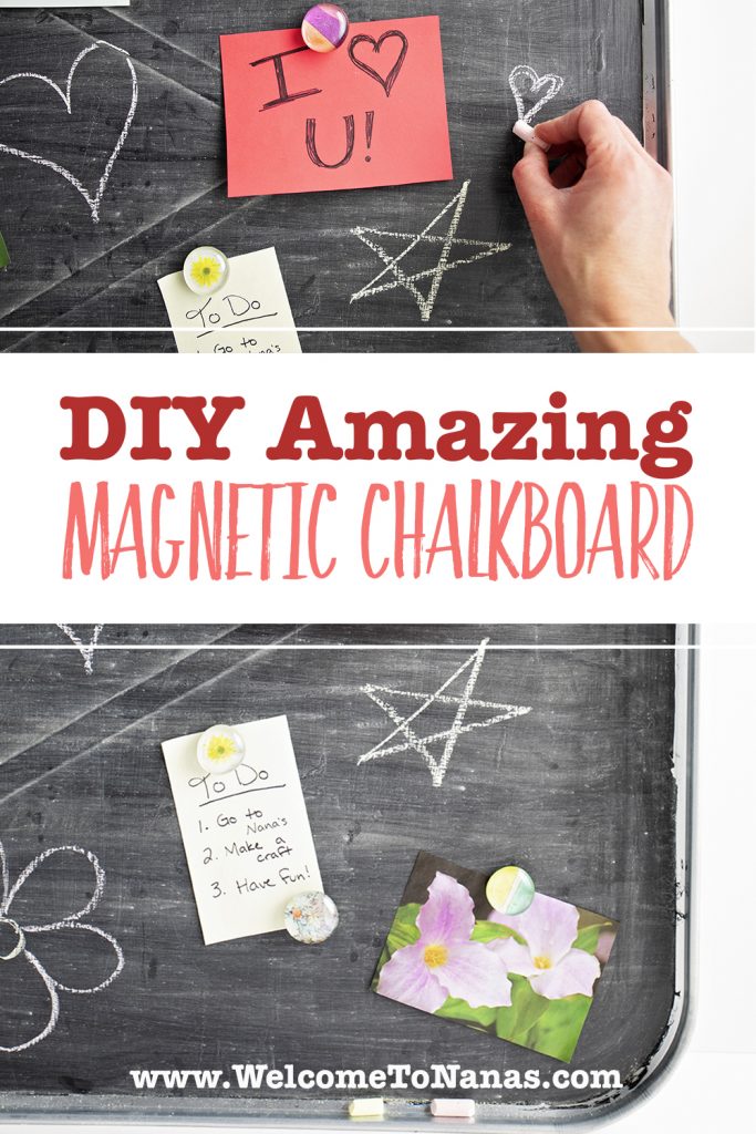 A magnetic tray chalkboard with notes, chalk drawings, and magnets.