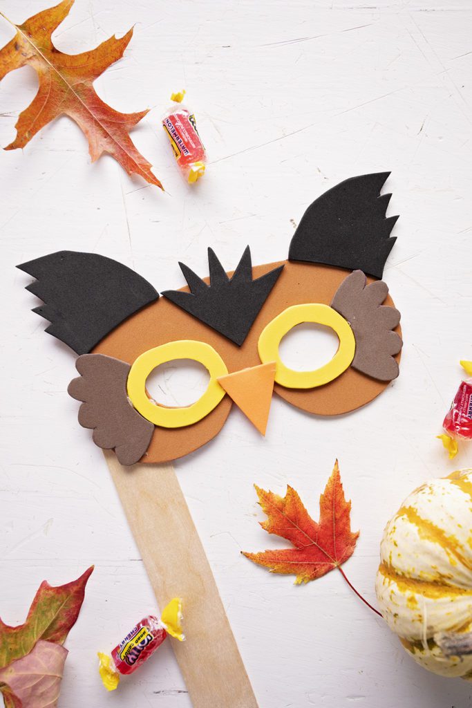 An owl craft foam mask attached to a craft stick surrounded by fall leaves, pumpkins, and candy.