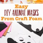 Craft foam owl and cat masks surrounded by fall leaves, pumpkins, and candy.