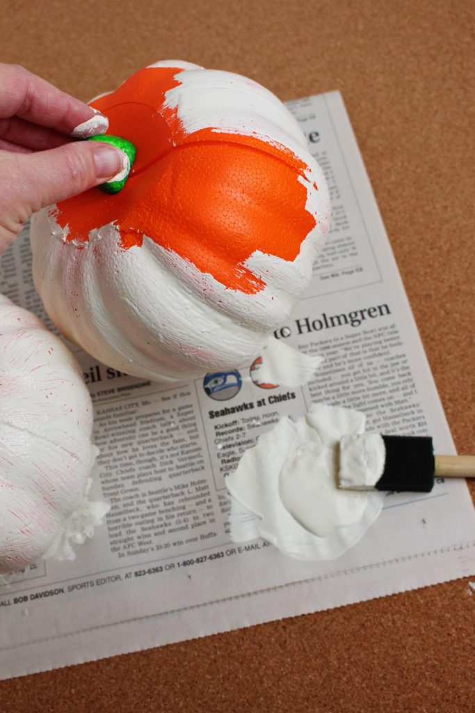 Paint your foam pumpkin decorations. | Welcome to Nana's #WelcometoNanas #Easy #DIY #Pumpkin #Decorations #Sweater #Recycled #Upcycled #Craft