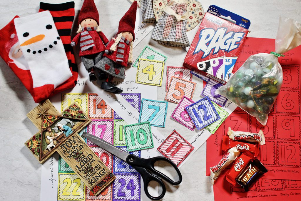 Advent calendar numbers with Christmas surprises, games, toys, marbles, candy, figurines, dolls