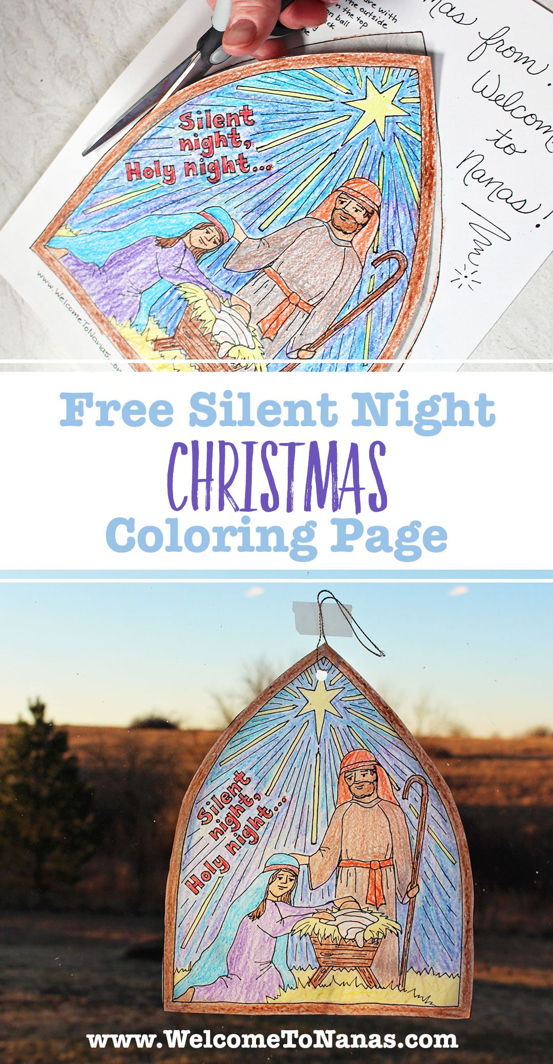 Finished Silent Night Christmas Coloring Page hanging on the window.
