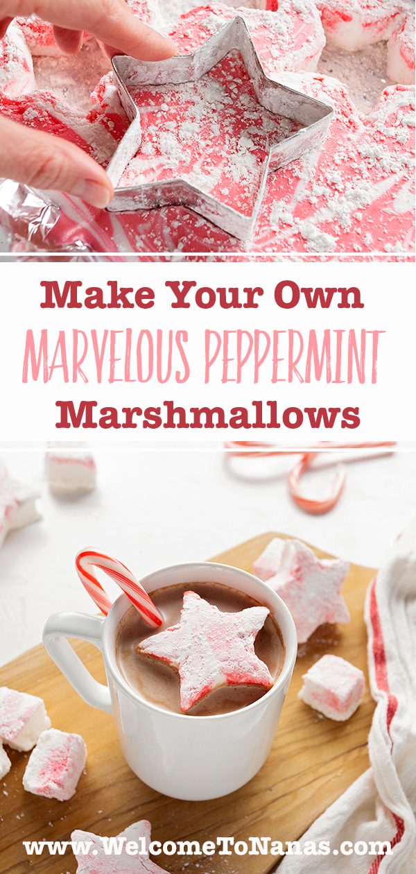 Cutting a star shaped marshmallow with a cookie cutter, and a marshmallow in a cup of hot chocolate with a candy cane.