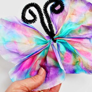 A colorful Coffee Filter Butterfly with a black pipe cleaner for antenna.