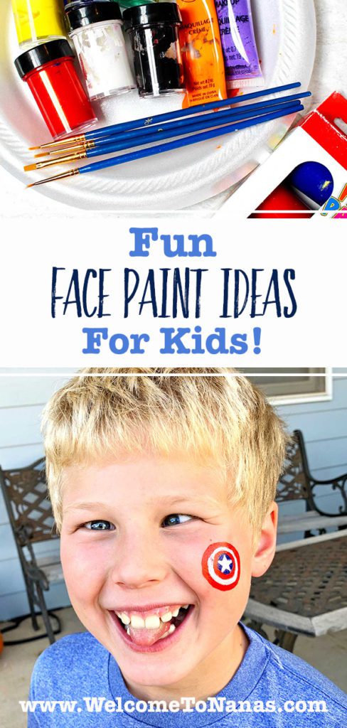 Containers of paints, paintbrushes and blonde boy making silly face with Captain America shield on cheek.