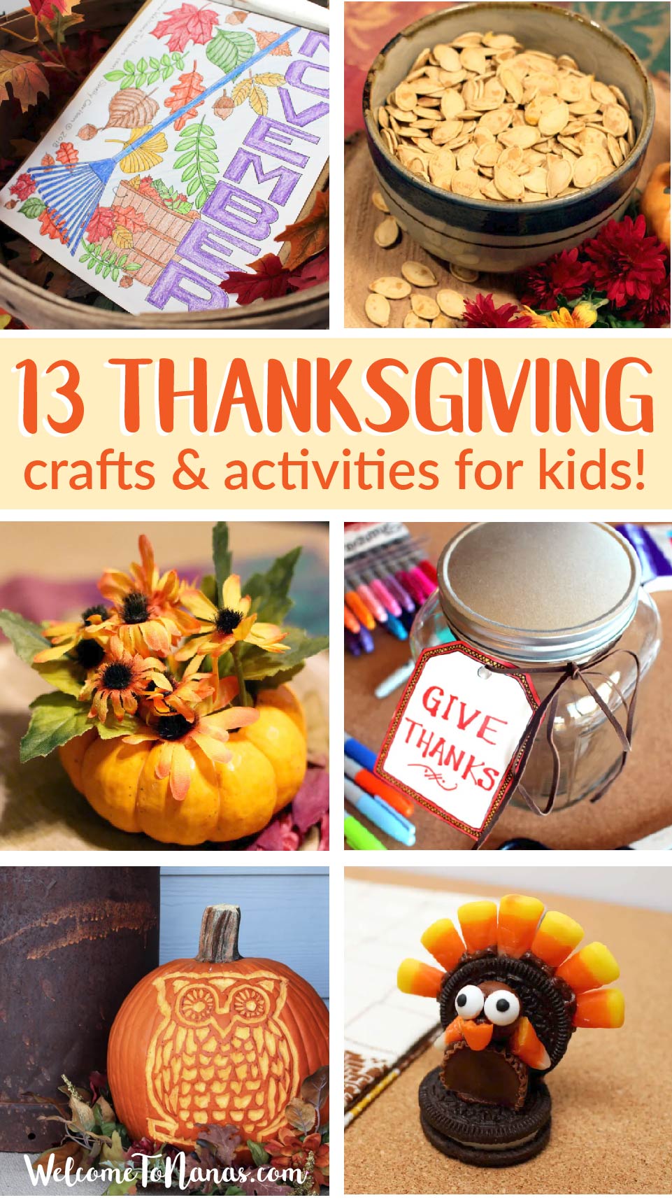 A series of photos of Thanksgiving themed crafts and activities for kids.