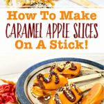 Caramel apple slices on popsicle sticks resting on parchment paper and sliced rounds of wood.