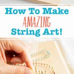 Image of finished "joy" string art and an image of person stringing the beginings of their "joy" string art.