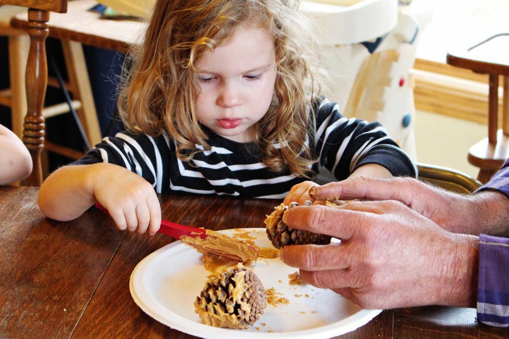 Young girl with curly hair and older gentleman spread peanut butter on to pine cone at kitchen table.