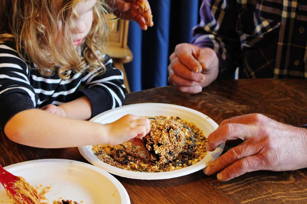 Young girl with curly hair and older gentleman dip pine cone covered in peanut butter into bird seed.