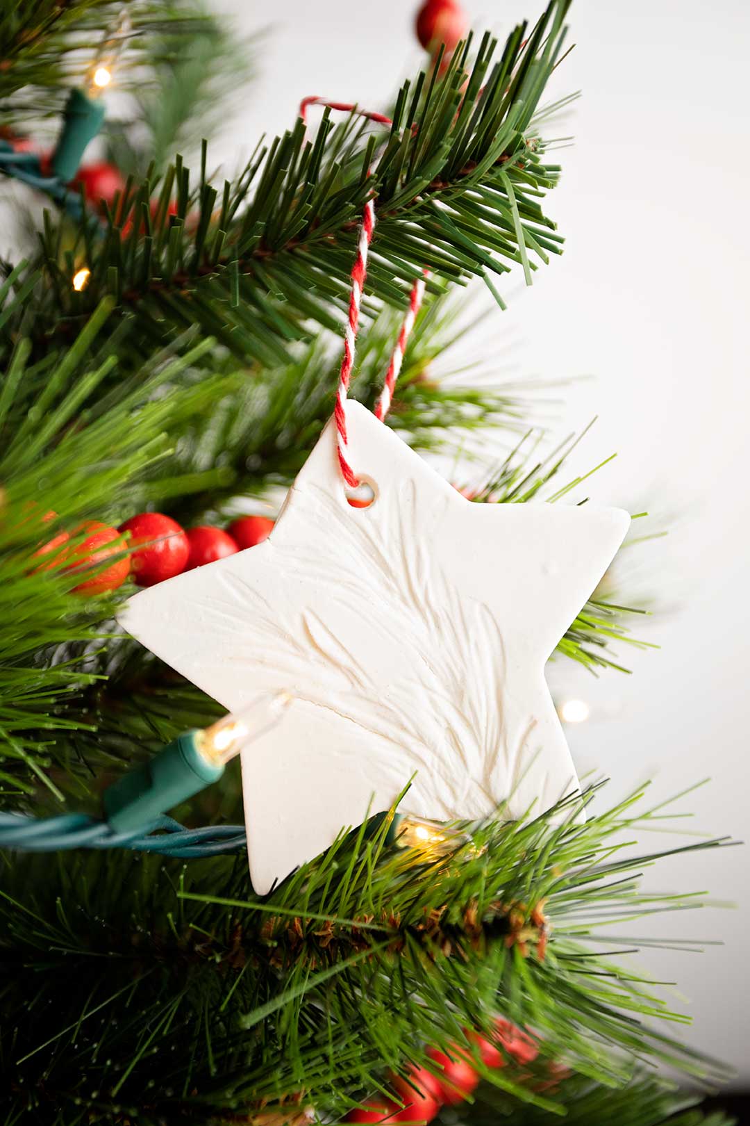 Star shaped cornstarch ornament with greenery print hanging on a Christmas tree.