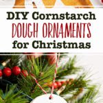 Wooden tray with cornstarch Christmas ornaments as well as an circular ornament hanging on a Christmas tree.