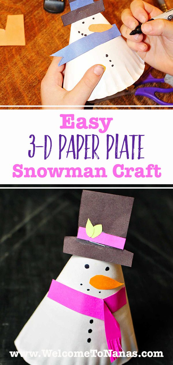 Two completed paper plate snowmen images. One with a blue scarf, one with a fuchsia scarf.