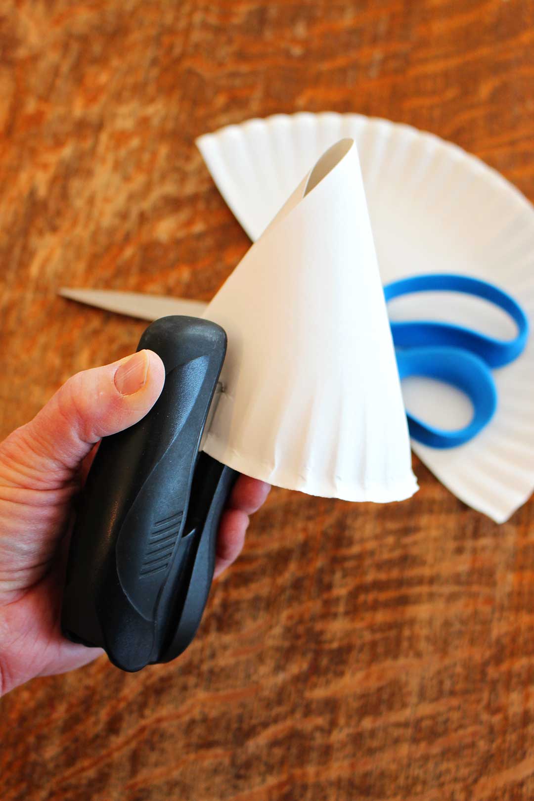 Person stapling a halved paper plate into a coned shape.