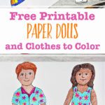 Colored in paper doll clothing and completed male and female paper dolls on stands.