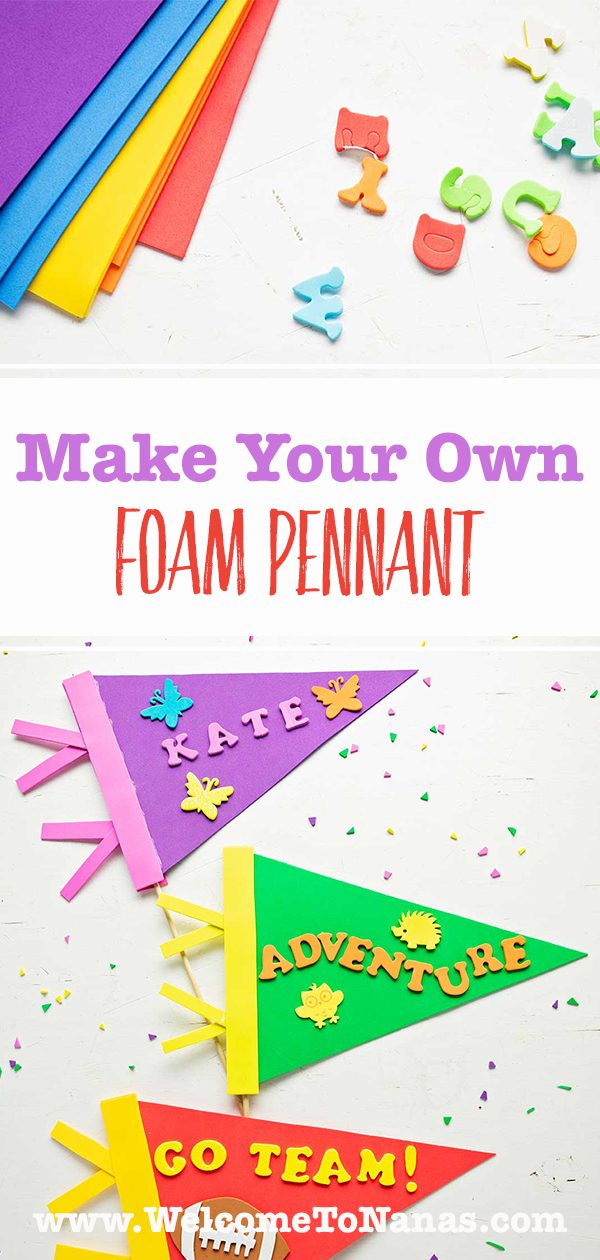 Colorful foam supplies and completed foam pennants in purple, green and red.