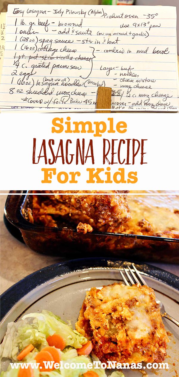 Lasagna recipe card and plate of lasagna with salad.