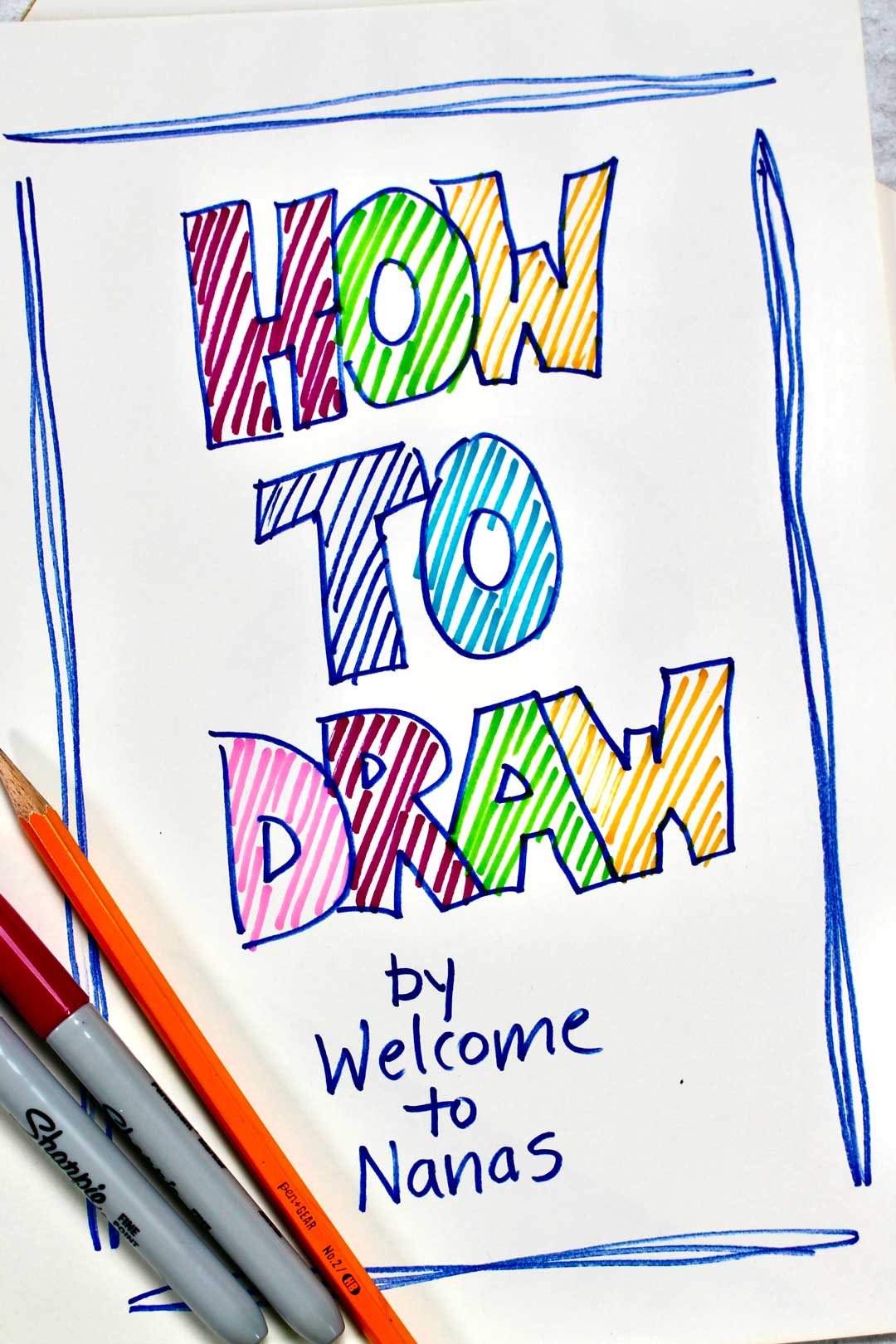 A picture that says "How to Draw", colored in with green, yellow, blue, and pink markers.