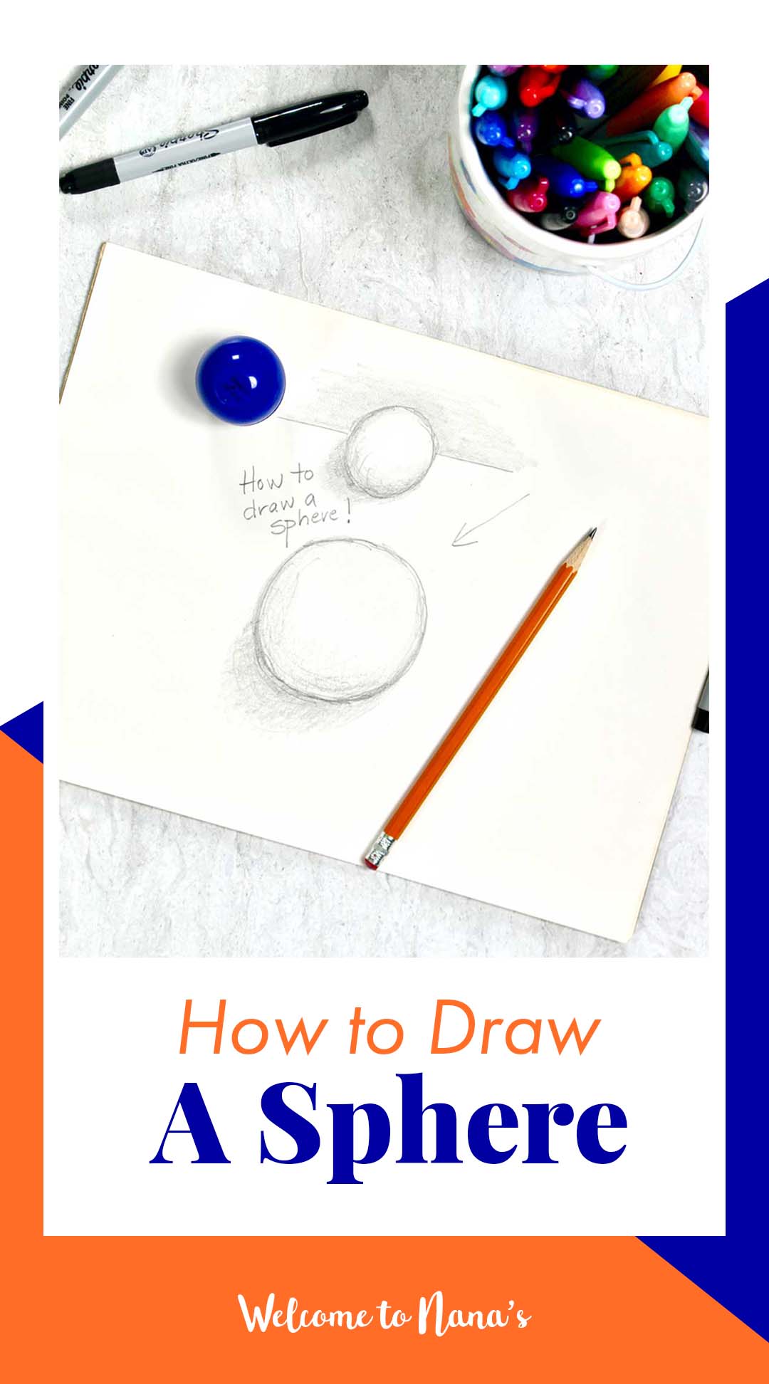 A tutorial pencil drawing of two 3-D spheres, sitting near a pencil and jar of drawing utensils.
