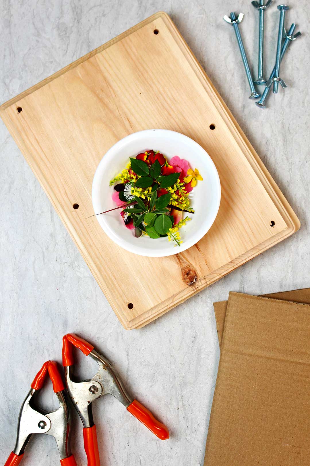 White plate of colorful flowers and leaves rests on wooden block with orange clamps, cardboard and long screws with butterfly nuts nearby.