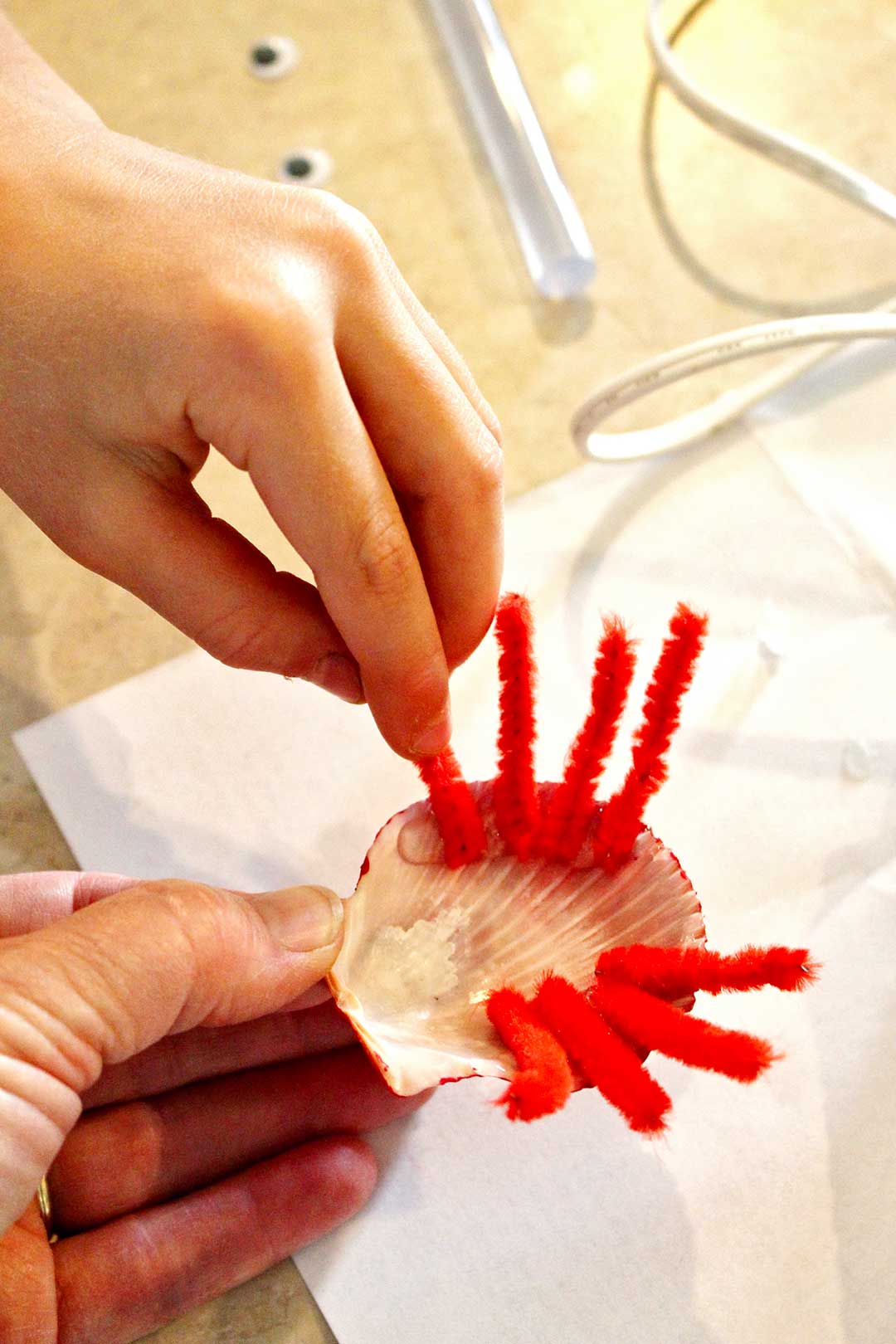 Person gluing red pipe cleaners on the inside of a shell.