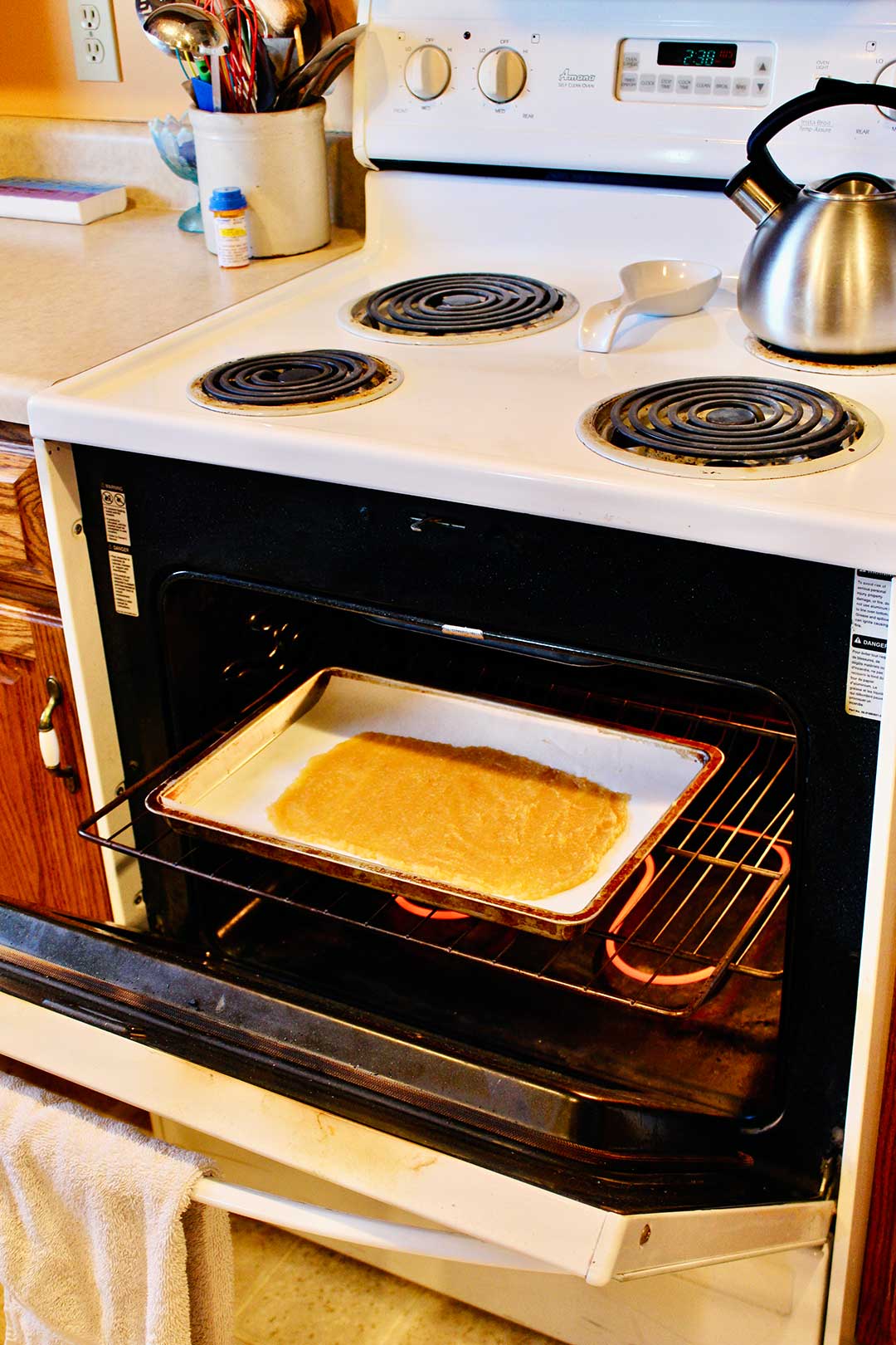 Image of the inside of an oven with a cookie sheet of pureed fruit ready to be baked.